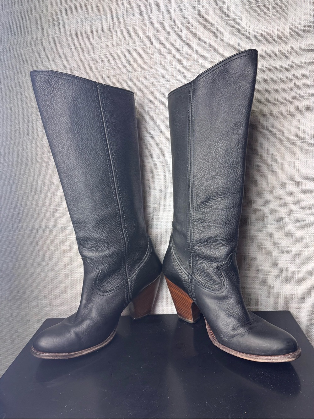 Frye Black Leather Mid-Calf Heeled Zip Boots